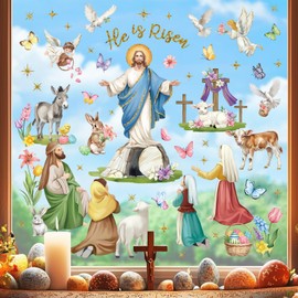 decalmile He is Risen Easter Double Sided Window Clings Christian Jesus Religious Cross Angels Doves Window Decals Anti-Collision Glass Window Doors Window Stickers