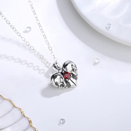 CELESTIA Skull Necklace, Gothic Jewellery, 925 Sterling Silver Dual Skeleton Pendant with Ruby Cubic Ziconia, Skull Gifts for Women on Birthday Valentines Day