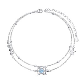 DAOSHANG 925 Sterling Silver Artificial Blue Zircon Sea Turtle Layered Anklet Adjustable Chain Charm Beach Bead Foot Bracelet Jewelry Present For Women