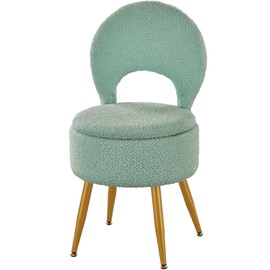 ZYKZYK Vanity Stool with Storage and Backrest, Folding Back & Velvet Seat, Footrest, Round Ottoman with Sherpa, Vanity Chair with Storage, Ideal for Bedroom, Living Room, and Makeup Stations