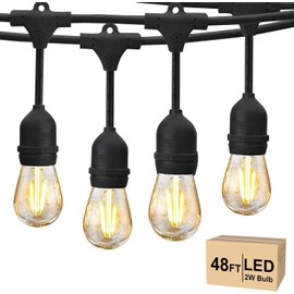 Svater 48 FT Outdoor String Lights 2W, Commercial Grade Patio Light with 15 pc Edison Shatterproof Bulbs, IP65 Waterproof LED Hanging Lighting for Bistro Cafe Market Outside Backyard, Warm White 2700K