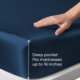 LINENWALAS Tencel Lyocell Fitted Sheet Only with Secure Snug Fit All Around Elastic 16 Inches Deep Pocket - Softest Cooling Eucalyptus Silk Bedding (Navy Blue, King)