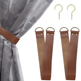 Leather Curtain Tiebacks Vintage Tie Backs for Outdoor Curtains Pull Backs with 2 Metal Hooks Drapery Holdbacks for Office Home Living Room Bedroom 2 Pcs (Wide,Dark Brown)