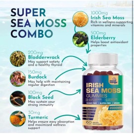 Mood Mingle Irish Sea Moss 2000mg Gummies - Bladderwrack Burdock Elderberry Black I (4PACK)