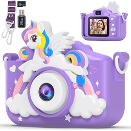 Qemixly Kids Camera Toys with Cartoon Silicone Cover, Digital Mini Camera for 3 4 5 6 7 8 9 10 11 12 Year Old Boys Girls Birthday Chirstmas Gifts Ideas - 1080P and 32G SD Card (Unicorn Purple)