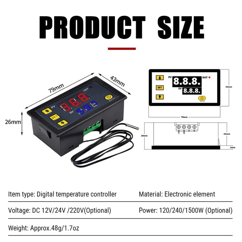 Uadme Digital Thermostat, W3230 DC 24V Digital Temperature Controller -20℃~100℃,