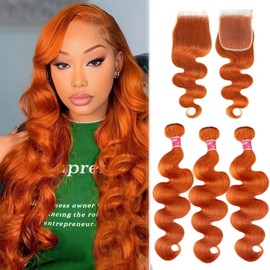 Ginger Bundles Human Hair Body Wave Bundles with Closure 18 20 22+18 In, 350 Ginger Orange Colored Human Hair with Lace Closure Free Part Brazilian Body Wave Closure and Bundles