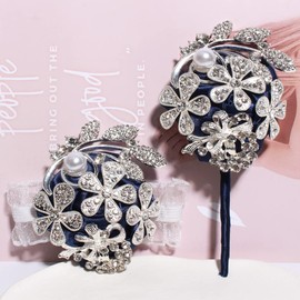 WANLIAN Wrist Corsage with Peal and Rhinestone Corsage and Boutonniere Set for Wedding,Prom,Party (Silver Navy Blue，2 Pieces)