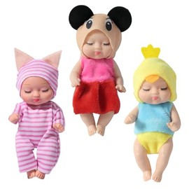 3Pcs Tiny Treasures Baby Doll Mini Reborn Dolls with Animal Clothes,Cute Little Doll Baby Elves Realistic Rebirth Dolls Miniature Cry Baby Doll Accessories for Girls Boys Kids Christmas Birthday Gifts