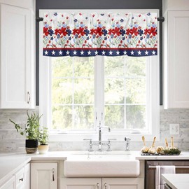 Artwork Store Curtain Valance for Window Kitchen Decor, 4th of July Stars Red Blue Poppy Flower 54" x 18" Window Treatment Curtains Topper Rod Pocket Valances for Living Room Valance Curtains 1 Panel