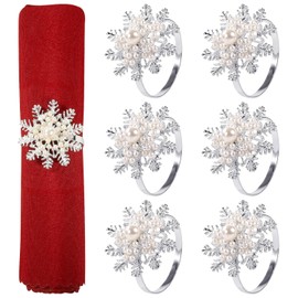 Servilleteros de Navidad, juego de 6 anillos de copo de nieve con perla, servilletero, plata, hebilla de Navidad para Navidad, fiesta, cena, banquete, mesa de comedor