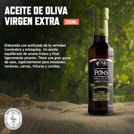 PONS ACEITE DE OLIVA EXTRA VIRGEN TRADICIONAL - Importado de España - Mejora el Sabor con Beneficios para la Salud - 100% Natural - Vegano - Sin gluten (250 ml)