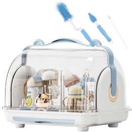 Nollapo Transparent Baby Bottle Drying Rack with Double Lid and Removable Drain Tray Dust-Proof Baby Bottle Storage Box, Space Saving Baby Bottle Rack Dryer (Blue - Large)