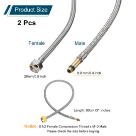 QUARKZMAN Pack of 2 31 Inch Tap Connection Hoses, Stainless Steel Braided Long Tap Connection, G1/2 Female Pressure Thread x M10 Male Connector for Bathroom (Silver)