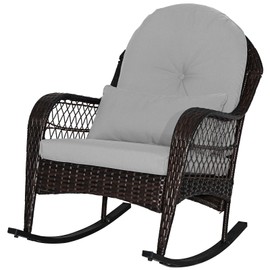 ORALNER Wicker Patio Rocking Chair, Outdoor PE Rattan Rocker with Seat and Back Cushion, Waist Pillow, Armrests, Garden Chair for Porch, Backyard, Poolside, Deck (1, Grey)