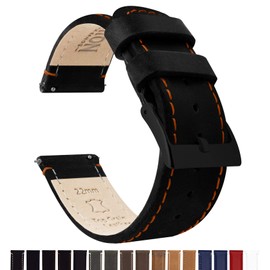 BARTON WATCH BANDS Quick Release Top Grain Leather Watch Band Strap, Black Leather/Orange Stitching (Black Buckle), 22mm