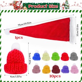 Long Christmas Hat, 1 Piece Santa Hat Adult with 10 Pieces Mini Hats Knitted Hats Santa Hats Finger Wine Flat Hat Mini Wool Hat Dolls Hat Santa Claus Hat for Christmas Party