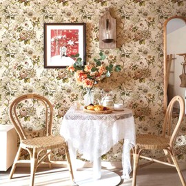 Yun-aeon Peony Floral Peel and Stick Wallpaper 17.3" x 120" Vintage White Peony Flower Contact Paper Removable Waterproof Wall Paper Vinyl Self Adhesive Art Deco for Bedroom Living Room