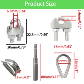 ZCLGOOD 8PCS 5/32" M4 Wire Rope Clamps with Thimbles Set, 4PCS 304 Stainless Steel Cable Clips U Bolt Saddle Fasteners for 4mm Diameter Rigging
