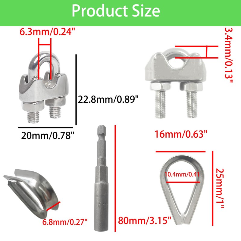ZCLGOOD 8PCS 5/32" M4 Wire Rope Clamps with Thimbles Set,