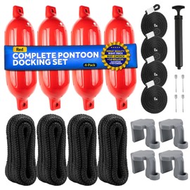 Five Oceans Boat Fenders Complete Set - Includes 4-Pack 6.5 x 23-Inch, Red - Boat Bumpers Clips, Dock Lines 3/8" x 15' - 4 Ropes Lines 3/8-Inch x 5-Ft - Inflator Pump and 4 Needles - FO4541-C1