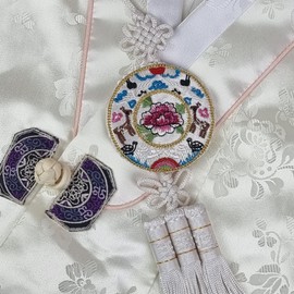Seoulful Vintage Five Blessings Korean Norigae - Traditional Embroidered Peony, Deer and Crane Tassel Charm (Blue)