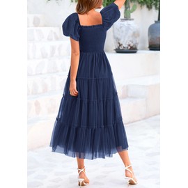 PRETTYGARDEN Women's Smocked Midi Tulle Dress 2025 Summer Puffy Short Sleeve Square Neck Ruffle Wedding Guest Party Dresses (Navy,X-Large)