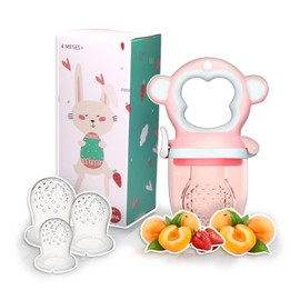 Chupón Para Fruta Y Papilla con Seguro Y Tapa, Dibujo Animado MONKEY, Libre de BPA (ROSA)