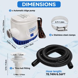 1100 GPH Automatic Boat Bilge Water Pump 12V, 1-1/8 Inch Dia Bilge Pump Plumbing Kit with 6FT Hose, 2 Clamps, Thru-Hull Fitting, Ideal for Fishing Boats, Cruisers, Runabouts, Yachts