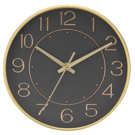 PATIKIL 8 Inch Wall Clocks, Quartz Battery Operated Silent Non-Ticking 3D Numbers Round Wall Clocks Decorative for Office Bedroom Living Room, Champagne Gold/Black, Style 1