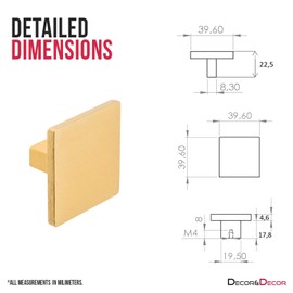 Decoranddecor Calla Square Cabinet Knob Door Pull Handle Kitchen Cupboard Furniture Drawer (1 Pack, Matt Gold)