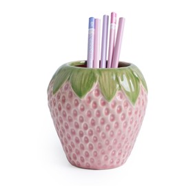 Sixbaola Strawberry Pencil Holder, Ceramic Pen Holder, Cute Pen Holder for Desk, Stand Makeup Brush Holder for School, Home, Office(Pink)