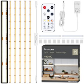 Tatazone 6pcs COB Under Cabinet Lighting with Remote, 9.84ft 4000K Bright Dimmable COB Under Cabinet Lights Bar, Flexible Indoor LED Strip Light for Kitchen Cabinet, Shelf, Counter, Cupboard