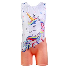 Belovance Dance Leotards for Girls Gymnastics size 7 8 Kids Girl Child Athletic Sleeveless Gymnastic Biketard Unicorn (Orange Unicorn, 7-8 Years)