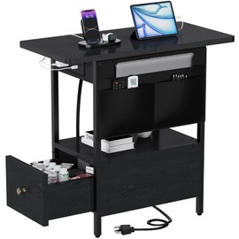 Yenlure Small Side Table with Charging Station, Narrow Nightstand Bedside Tables with Storage Pocket for Living Room Bedroom, Sofa End Table with USB Ports and Power Outlets for Small Spaces