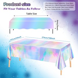 3 Pcs Iridescent Waves Tablecloths Ocean Wave Tablecloths 54 x 108Inch Disposable Plastic Ocean Blue Table Cloth Rectangle Table Covers Suitable for Beach, Holiday,Birthday Party Activities