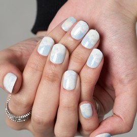 GLAMERMAID Press on Nails Extra Short Squoval, Spring Summer Glitter Blue Sky with White Clouds French Tip Glue on Gel Nails, 24Pcs UV Finish Fake Nail Acrylic False Nails Manicure Kits for Women Girl