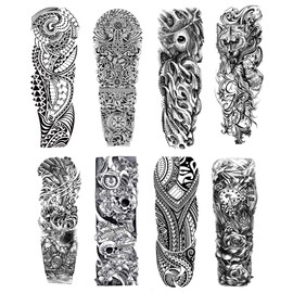 8 Sheets Temporary Tattoos for Men and Women Full Arm, Waterproof Temp Wolf Tattoo Stickers Adults, Hand and Body Art Line Flower Animal