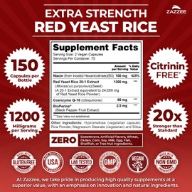 Extra Strength Red Yeast Rice with CoQ10 - 20X Concentrated 1200mg Red Yeast Rice Supplement with Niacin CoQ 10 and BioPerine for Enhanced Absorption - Non-GMO Vegan & ISO Lab Tested (75 Servings)