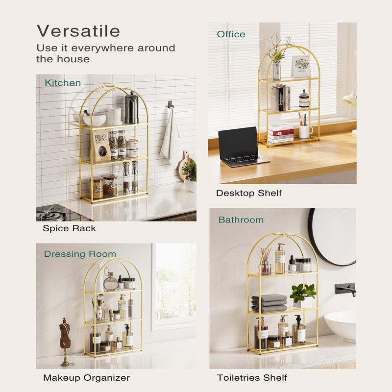 Crofy Gold Arched Frame Wall Shelf, Decorative 3 Tier Bathroom