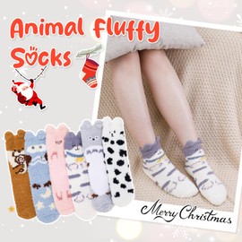 Firtink 6 Pairs Fluffy Socks for Women, Animal Fluffy Socks Non-Slip Bed Socks Microfiber Winter Warm Cute Fluffy Socks for Women Girls