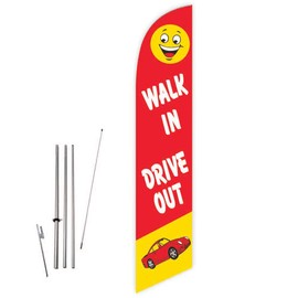 Walk In Drive Out (Red) Feather Flag with Complete 15ft Pole kit and Ground Spike
