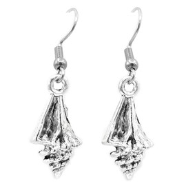 Sea Shell Conch – 21x11x6mm - Silver alloy charm dangle earrings. Hypoallergenic Stainless Steel or Silver Plated Fishhook or Ball Post Earring or Silver Tone Clip-on Options