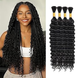 WuvuSnm Human Hair Braiding Deep Wave Boho Braids Bulk Hair Weave Natural Extensions No Weft Natural Black Colour 4 Braids Per Pack Total 200 g for Women 18 Inches