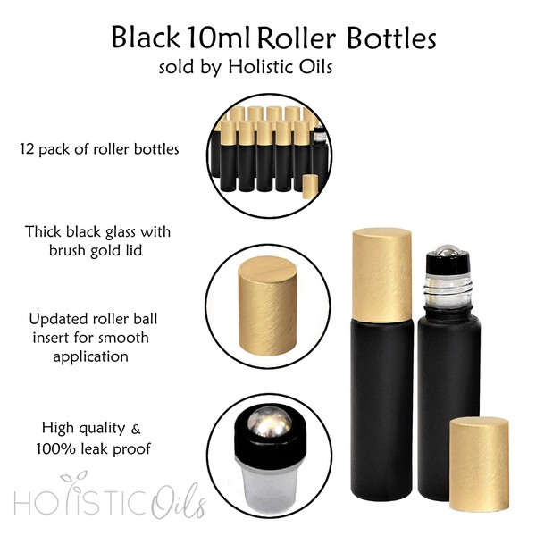 Essential Oil Roller Bottles, Black 10ml Leakproof Rollers – Thick Black Glass with Brush Gold Lid, Updated Stainless Steel Roller Ball Insert for Oils, Aromatherapy – 12 Pack