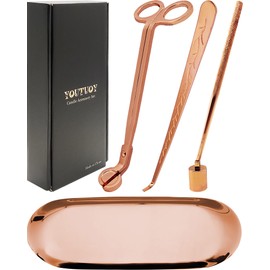 YOUTUOY 4 in1 Candle Accessory Set with Storage Tray Plate, Candle Wick Trimmer, Candle Wick Snuffer, Candle Wick Dipper, Great for Scented Candles Lovers (Rose Gold)