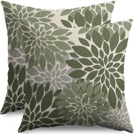Dark Sage Green Flower Pillow Covers 18X18 Inch Set of 2, Grey Gray Dahlia Floral Spring Summer Cream Decorative Throw Pillow Covers Outdoor Modern Farmhouse Cushion Case for Home Couch Sofa Bed Decor