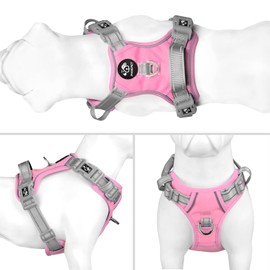 PHOEPET No Pull Dog Vest Harness, Adjustable, Reflective, Non-Choking Pet Harness with Easy to Use Handle and Metal Clips for Dogs (Baby Pink Base & Grey Straps, S