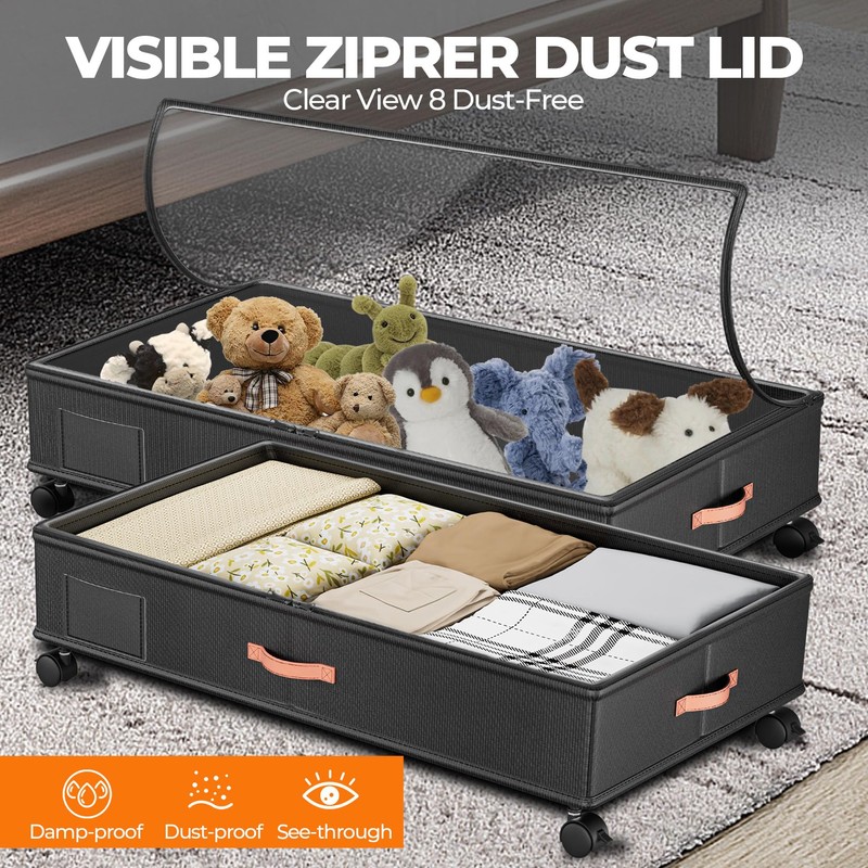 Under Bed Storage with Wheels,2-Pack Under Bed Storage Containers with