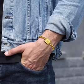 Initial Bracelet Gold Squre A-Z Letter Cuban Link Chain Mens Bracelets Adjustable Size Stainless Steel Men Jewelry Gifts for Husband Dad Brother Son(Gold R)